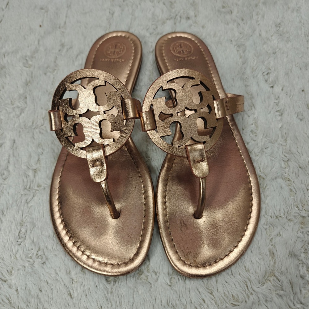 Tory Burch Miller Sandals Women 10 Gold Metallic Leather Logo Thong Flat Luxury